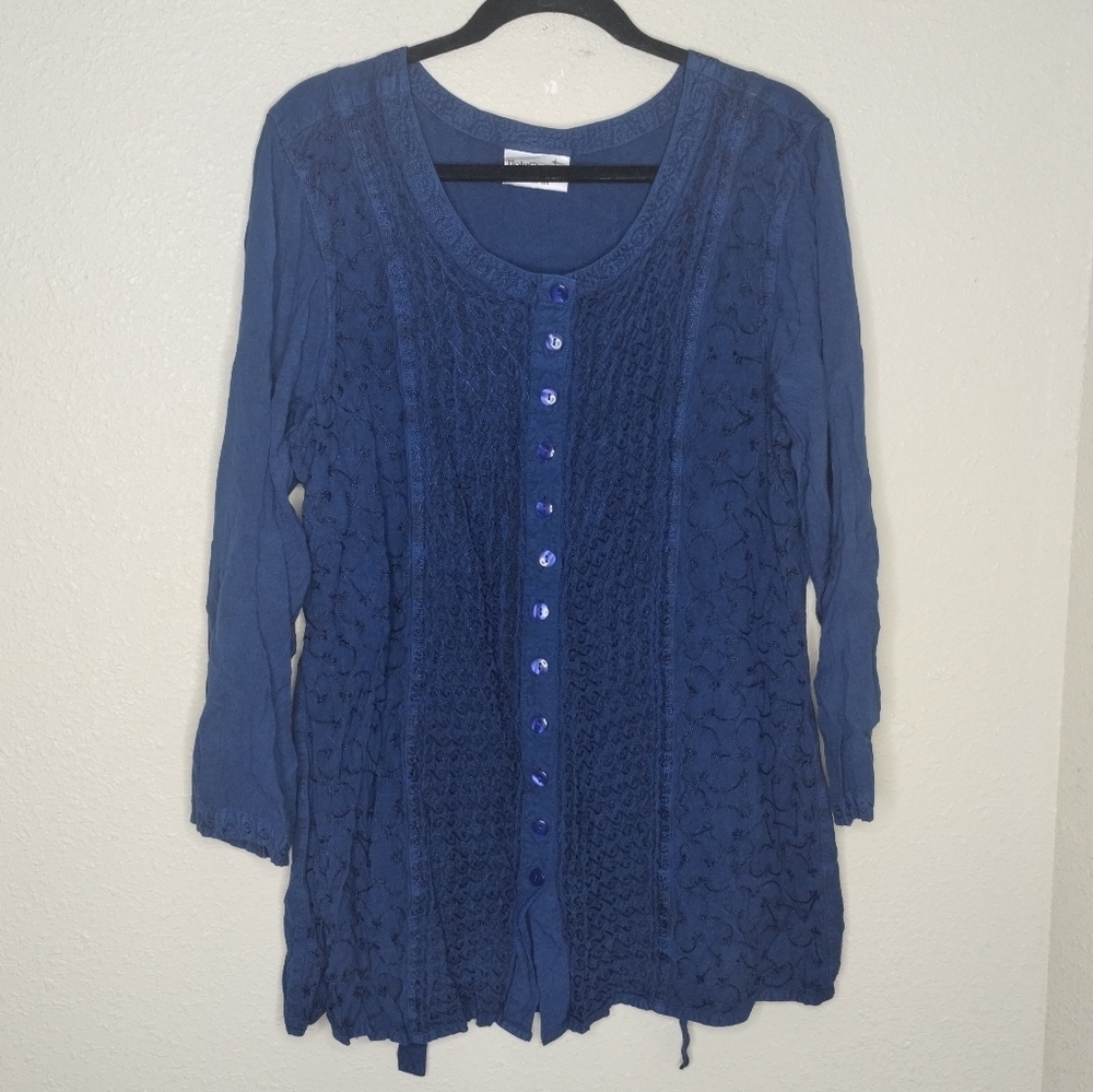 Holy Clothing Blue Embroidered Button Up Tunic Top Women's Size XL / 1X